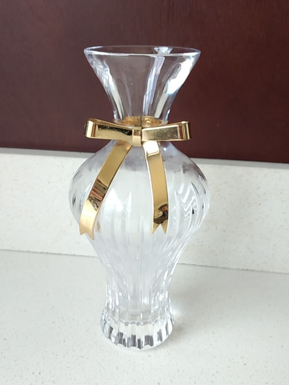 Crystal Glass Vase with Gold Tone Bow Accent - Clear